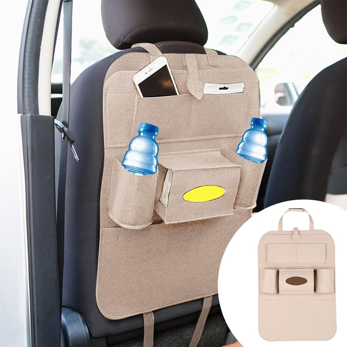 LAINLOY Felt Car Seat Back Organizer, Kick Mats Car Back Seat Protector for Kids, 6-Pocket Storage for Tissue, Box, Pen, Toy, Automobile Road Trip Accessories for SUV, RV, Truck (Black)