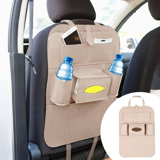 LAINLOY Felt Car Seat Back Organizer, Kick Mats Car Back Seat Protector for Kids, 6-Pocket Storage for Tissue, Box, Pen, Toy, Automobile Road Trip Accessories for SUV, RV, Truck (Black)