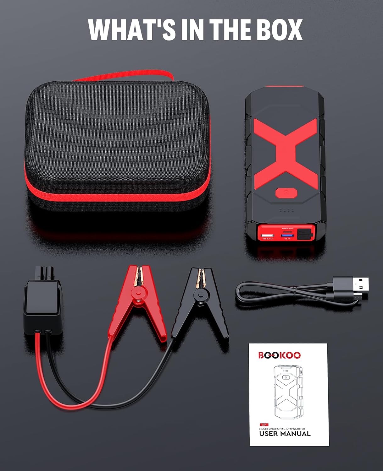 BOOKOO Car Battery Jump Starter 4000A,16000mAh Portable Battery Jumper Cables for Car 8L Gas 7L Diesel Engines,Jump Box with USB QC 3.0 PD 18W Fast Charging,3 LED Modes with SOS for Emergency Use