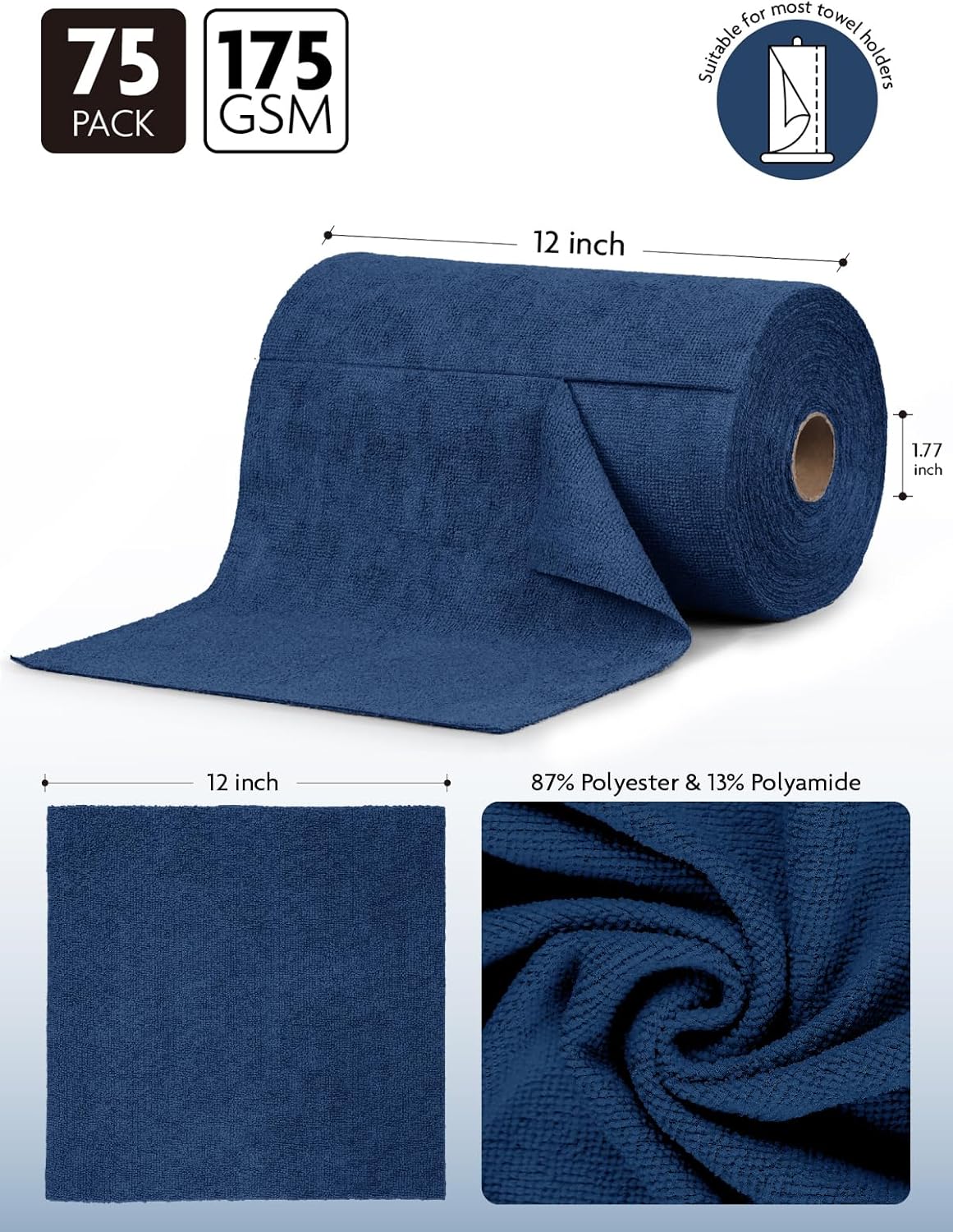 Fantasticlean Microfiber Cleaning Cloth Roll -75 Pack, Tear Away Microfiber Towels, 12" x 12", Reusable, Washable, Scratch Free, Ultra Absorbent for All-Around Cleaning Supplies (DimGray)