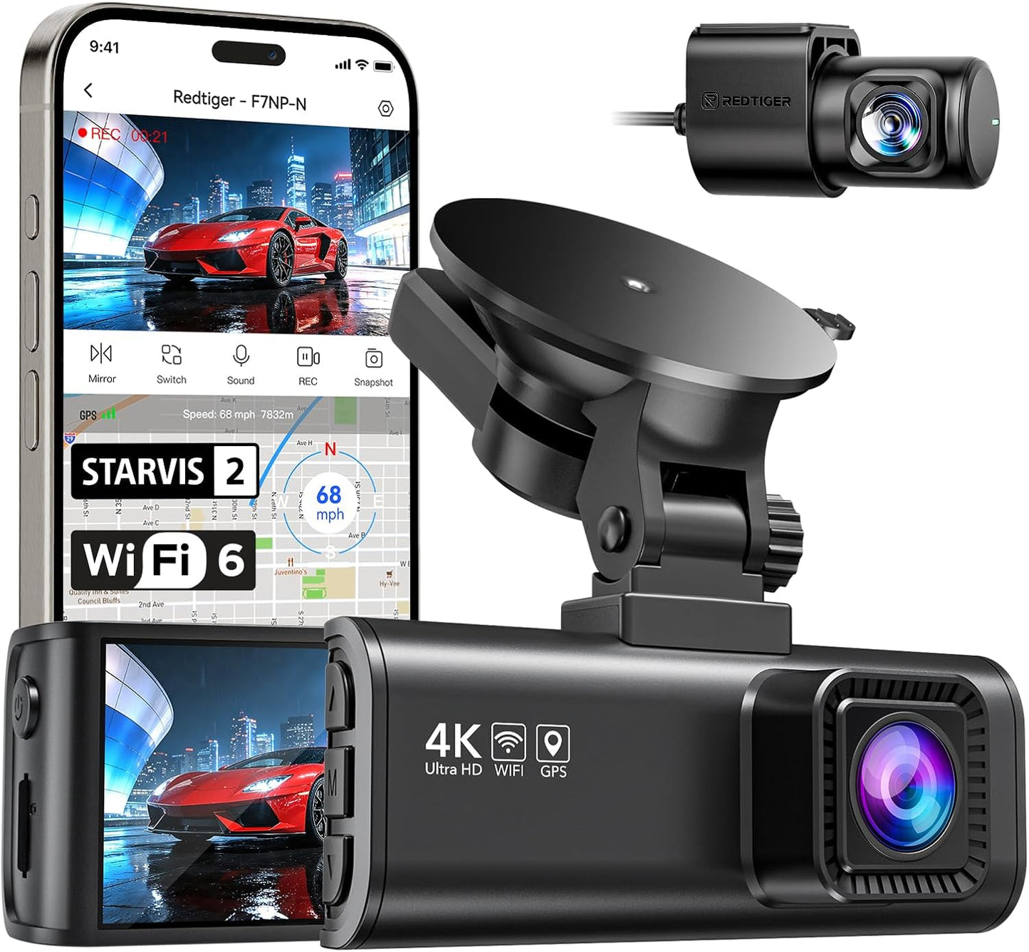 REDTIGER 4K Dash Cam Front Rear, STARVIS 2 Sensor, Free Card Included, 5.8GHz WiFi-20MB/s Fast Download, Dash Camera for Cars with GPS, WDR Night Vision, 170°Wide Angle, 24H Parking Mode(F7NP)