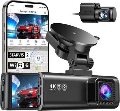 REDTIGER 4K Dash Cam Front Rear, STARVIS 2 Sensor, Free Card Included, 5.8GHz WiFi-20MB/s Fast Download, Dash Camera for Cars with GPS, WDR Night Vision, 170°Wide Angle, 24H Parking Mode(F7NP)