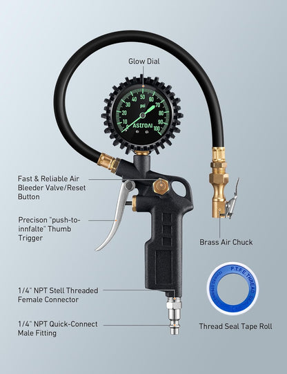AstroAI Tire Pressure Gauge with Inflator, 100 PSI-ANSI B40.1 Accurate, Large 2.5" Easy Read Glow Dial, Heavy Duty Air Chuck and Compressor Accessories with Rubber Hose and Quick Connect Coupler