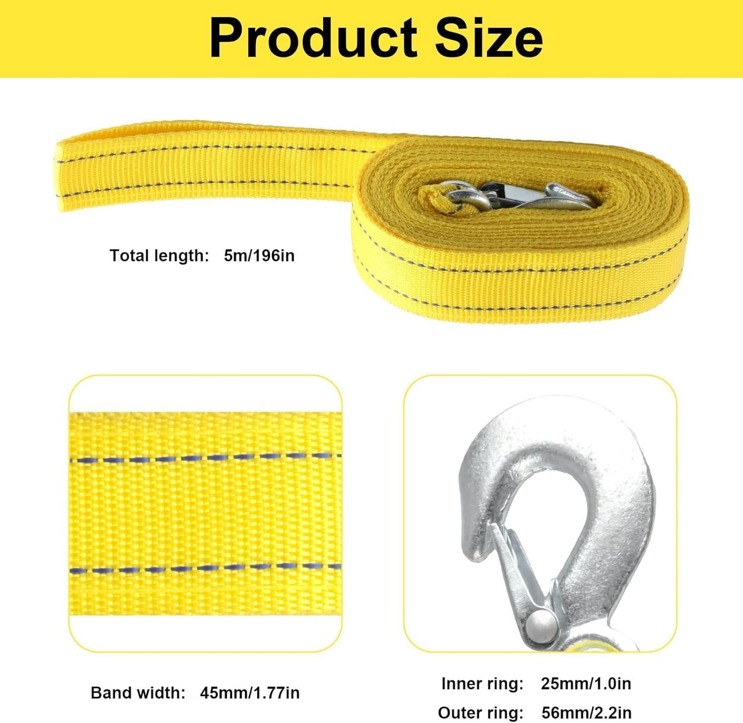 Tow Straps Heavy Duty with Hooks, 1.7" x 16.4 Ft,13,227 lbs Heavy Duty ATV Car Tow Strap with Hooks, Emergency Towing Straps,Tow Ropes for Boat Vehicles Towing Accessories Roadside Recovery Strap
