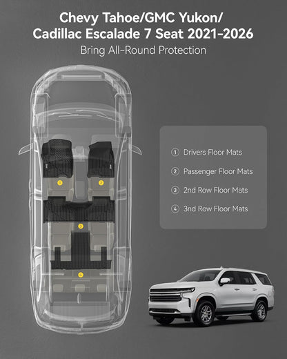 3W Floor Mats & Cargo Liner Fit for 2021 2022 2023 2024 2025 2026 Chevy Tahoe/GMC Yukon/Cadillac Escalade 7 Seat, TPE All Weather Custom Fit Car Accessories Heavy Duty Rubber Full Set Trunk Mats - Colors A