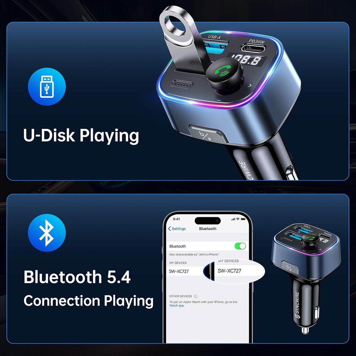 Syncwire Bluetooth 5.4 FM Transmitter Car Adapter 48W (PD 36W & 12W) [Light Switch] [HiFi Bass Sound] [Fast Charging] Wireless Radio Music Adapter LED Display Hands-Free Calling Support USB Drive