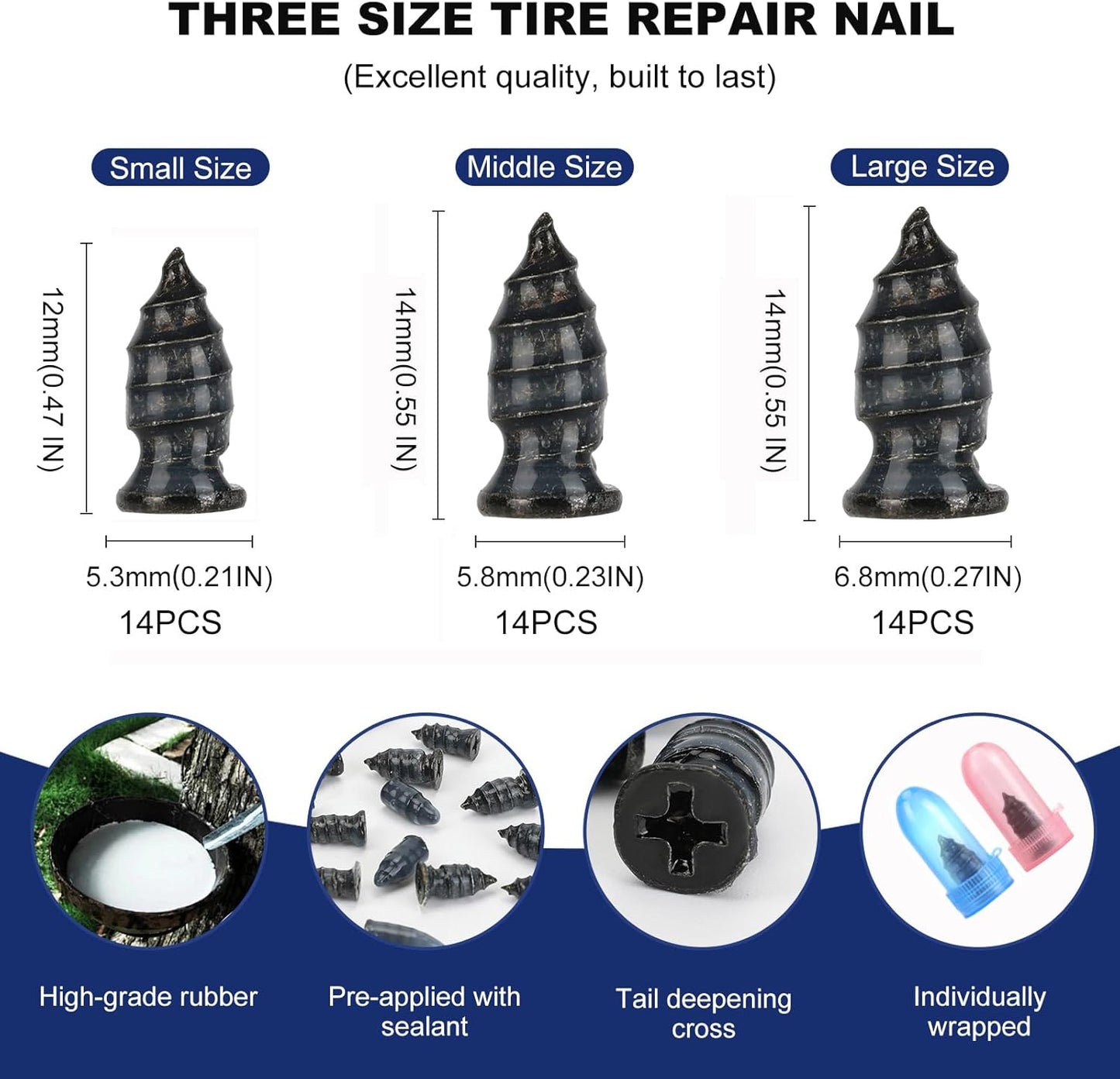 42PCS Tire Repair Rubber Nails Screws Kit with 2 Tubes Black Tire Sealant Glue & Screwdriver, 3 Sizes Universal Screw-in Tire Repair Plugs, Puncture Fix Tools for Car Motorcycle Truck ATV RV Tractor