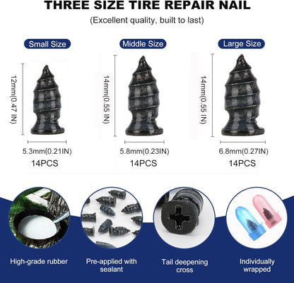 42PCS Tire Repair Rubber Nails Screws Kit with 2 Tubes Black Tire Sealant Glue & Screwdriver, 3 Sizes Universal Screw-in Tire Repair Plugs, Puncture Fix Tools for Car Motorcycle Truck ATV RV Tractor