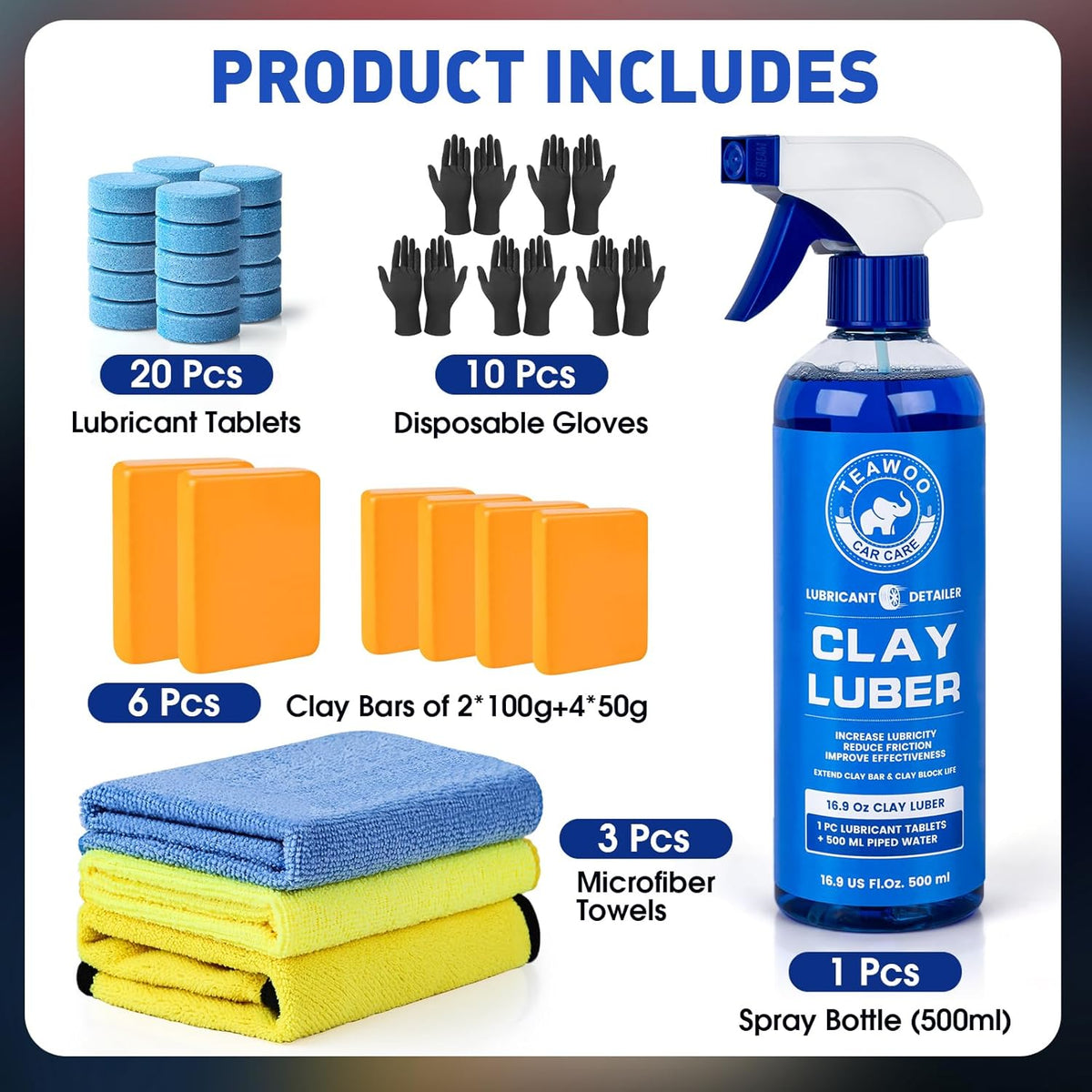 TEAWOO Clay Bars Kit, 6 Clay Bars & 20 PCS Lubricant Tablets, Complete Car Detailing Kit, Spray Bottle, Disposable Gloves and Microfiber Towels for Car Detailing Cleaning