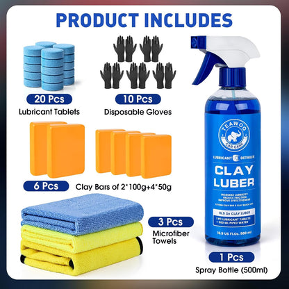 TEAWOO Clay Bars Kit, 6 Clay Bars & 20 PCS Lubricant Tablets, Complete Car Detailing Kit, Spray Bottle, Disposable Gloves and Microfiber Towels for Car Detailing Cleaning
