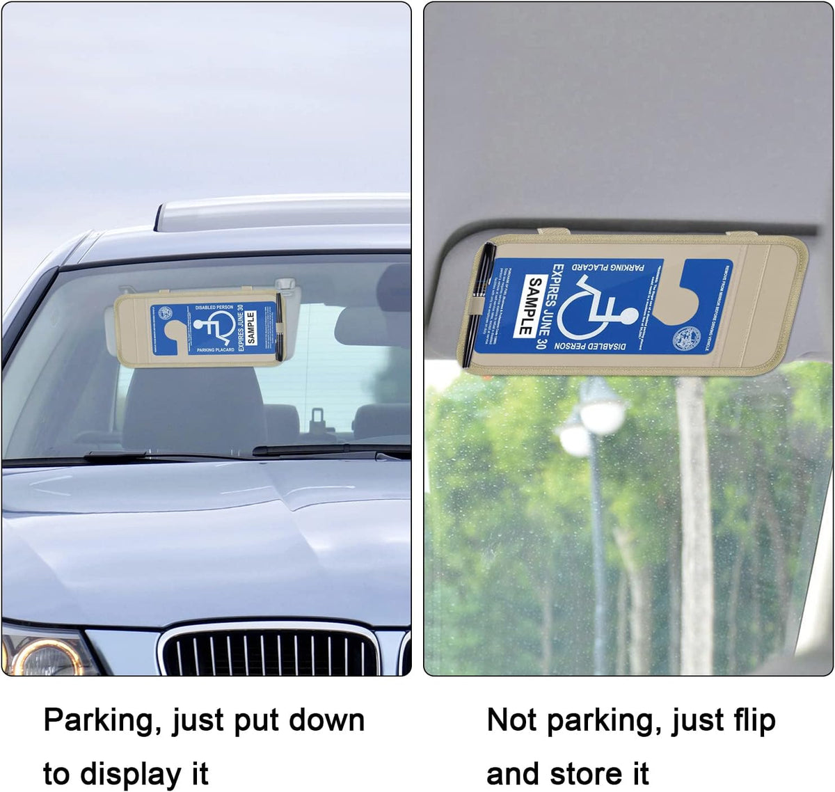 Handicap Placard Holder for Auto, Wisdompro Disabled Parking Permit Sign Protector for Car Sun Visor with Note Paper Slot, Pen Holder and Elastic Strap - Black