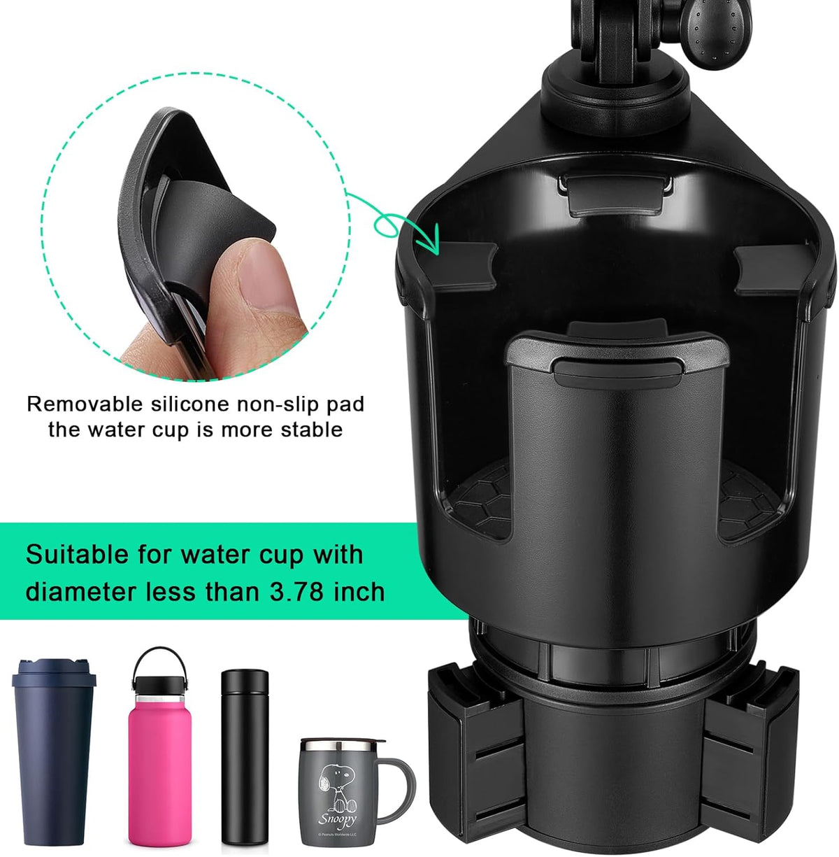 This Hill Car Cup Holder Expander 2-in-1 with Adjustable Base & 360° Rotating Phone Mount, Compatible with iPhone 17 Pro Max and Smartphones up to 4.13", Fits Large Bottles up to 3.78"
