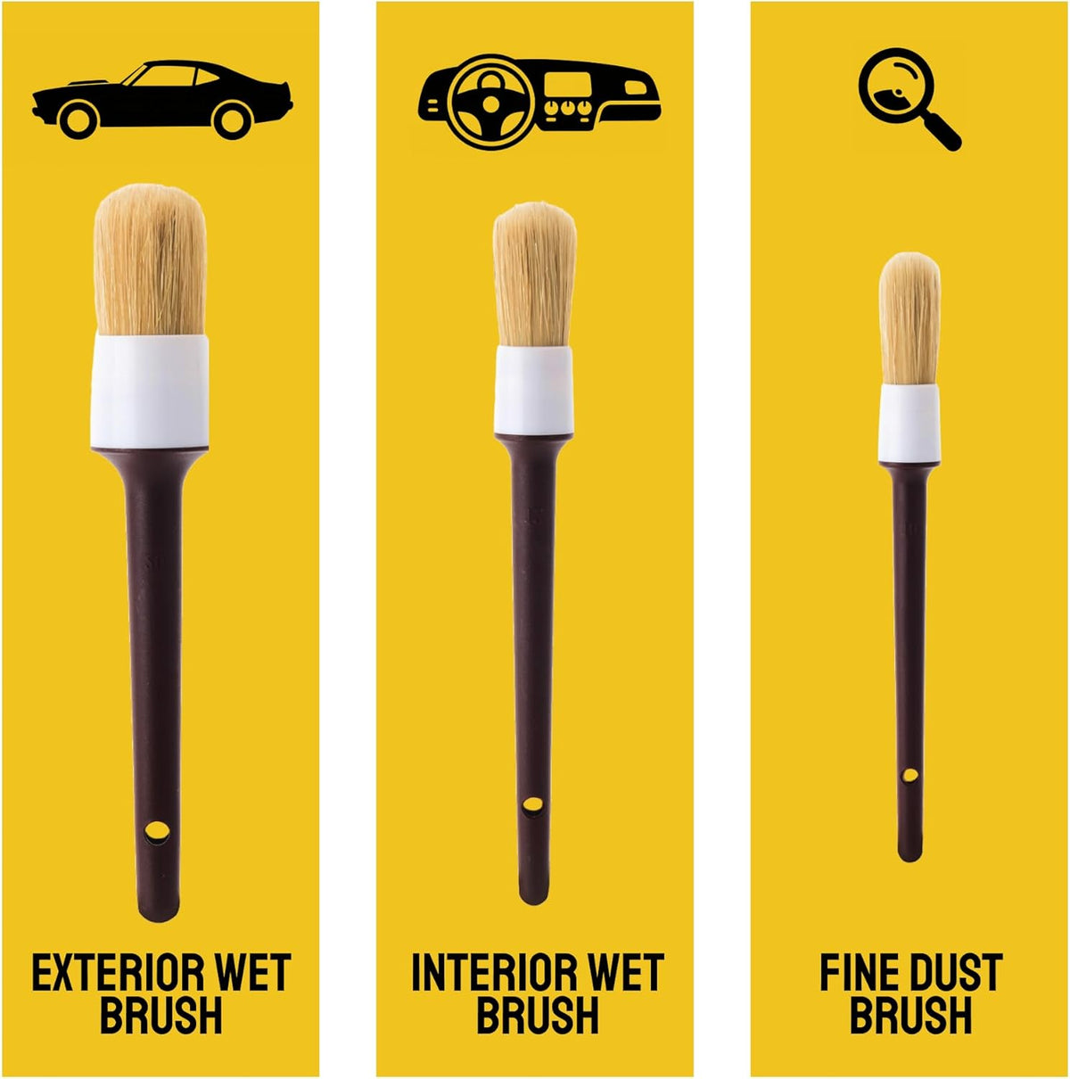 Car Detailing Brush Set 3-Pack - Soft Boar Hair Interior & Exterior Detailing Kit - Car Interior Cleaning Brushes for Leather, Piano Black Trim, Dashboards, Wheels and Engine Bay - Detail Dudes