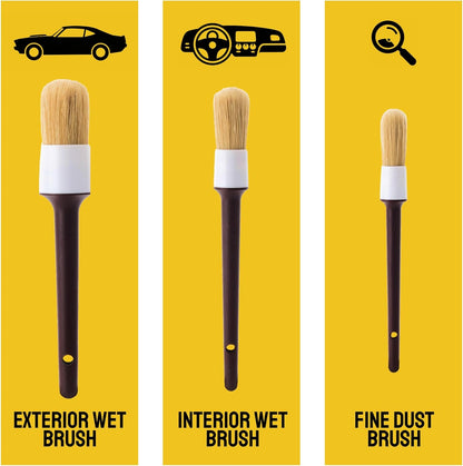 Car Detailing Brush Set 3-Pack - Soft Boar Hair Interior & Exterior Detailing Kit - Car Interior Cleaning Brushes for Leather, Piano Black Trim, Dashboards, Wheels and Engine Bay - Detail Dudes