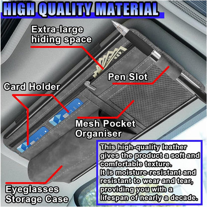 Car Sun Visor Organizer, Leather Multi-Pocket Glasses Card Holder with Zipper, Waterproof Scratch-Resistant Sunshade Storage Bag, Universal Auto Interior Accessory for Car/Truck/SUV (Grey)