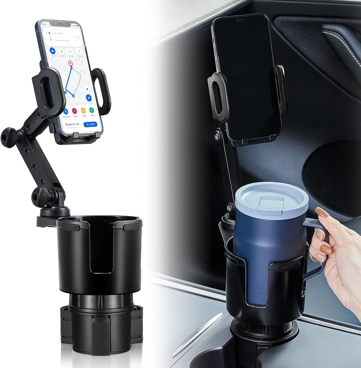 This Hill Car Cup Holder Expander Adjustable Base with Phone Mount 360° Rotation Cup Holder Cell Phone Holder for Car Compatible with iPhone All Smartphones