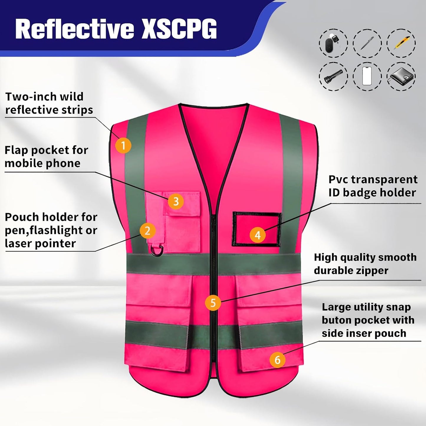 Safety Vests 20 Pack,Hi Vis Construction Vest with 5 Pockets and Zipper,Reflective Vest for Men Women Work One Size