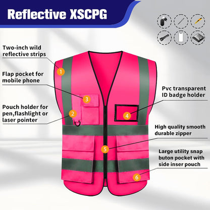 Safety Vests 20 Pack,Hi Vis Construction Vest with 5 Pockets and Zipper,Reflective Vest for Men Women Work One Size