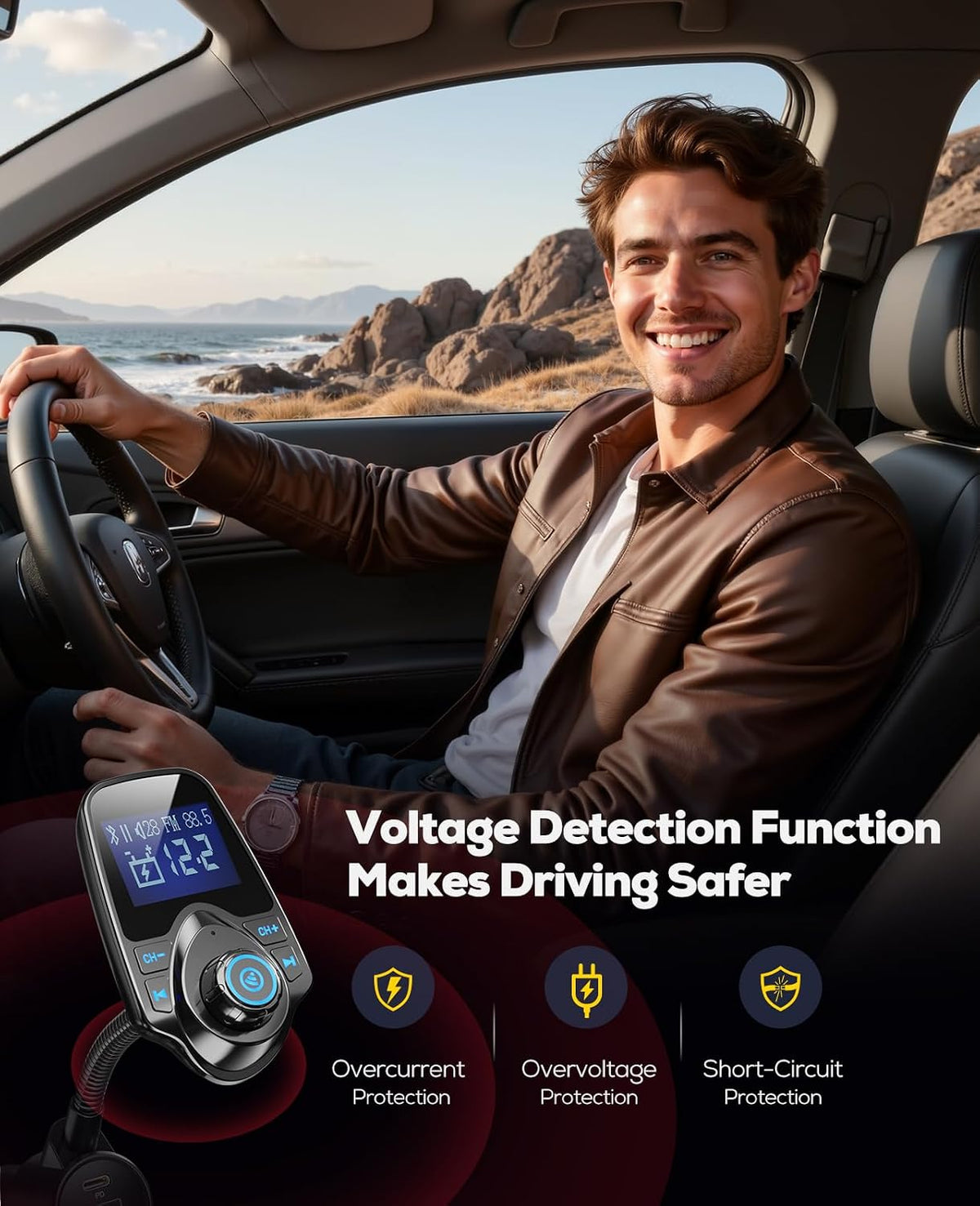 Nulaxy KM18 Plus Bluetooth 5.4 Car Adapter with 48W Fast Charging PD 30W & QC3.0 18W, 1.44" Screen Wireless Radio FM Transmitter with Flexible Gooseneck, Supports Hands-Free Call, TF Card & AUX, Black