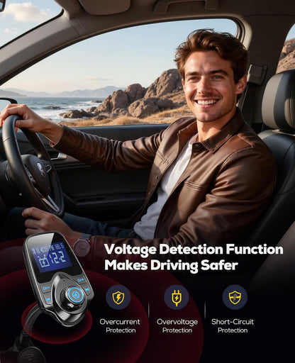 Nulaxy KM18 Plus Bluetooth 5.4 Car Adapter with 48W Fast Charging PD 30W & QC3.0 18W, 1.44" Screen Wireless Radio FM Transmitter with Flexible Gooseneck, Supports Hands-Free Call, TF Card & AUX, Black