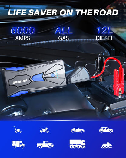 AUTOONE 6000A Car Battery Jump Starter Up to All Gas & 12L Diesel Engine, Car Battery Jumper Starter Portable 12V Jump Box with USB Output, Storage Case, LED Flashlight