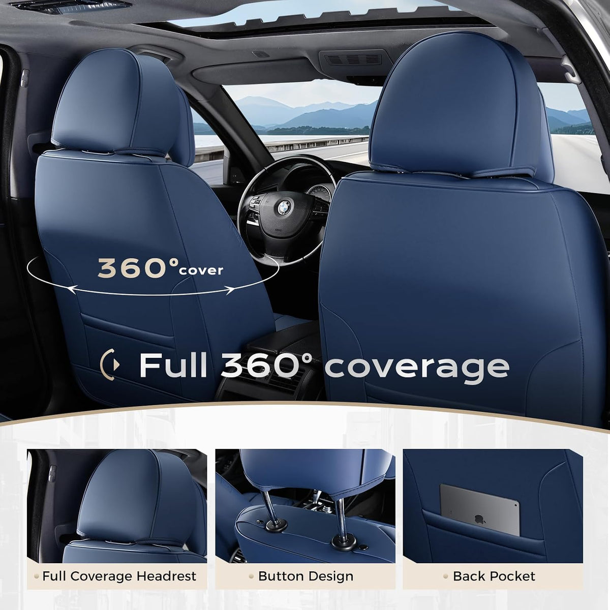 Coverado Seat Covers Full Set, Black Seat Covers for Cars 5 Seats, Car Seat Protector, Waterproof Nappa Leather Car Seat Cushion, Front and Rear Car Seat Cover Fit for Most Sedans SUV Pick-up Truck - Colors A