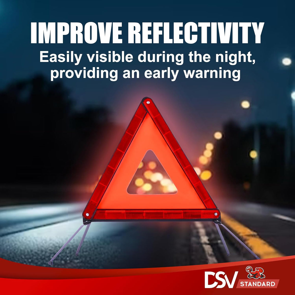DSV Standard Emergency Triangles, Warning Triangles for Vehicles, Reflective Triangle, Safety Triangles with Case for Vehicles Breakdown, 3-Pack