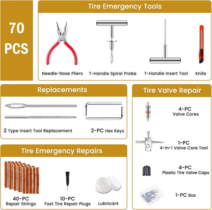 ORCISH Heavy Duty Tire Plug Kit - 70pcs All-in-One Universal Tire Repair Kit for Tubeless Flats, Emergency Tire Patch Kit for Car, Truck, SUV, ATV, Motorcycle, Trailer & RV