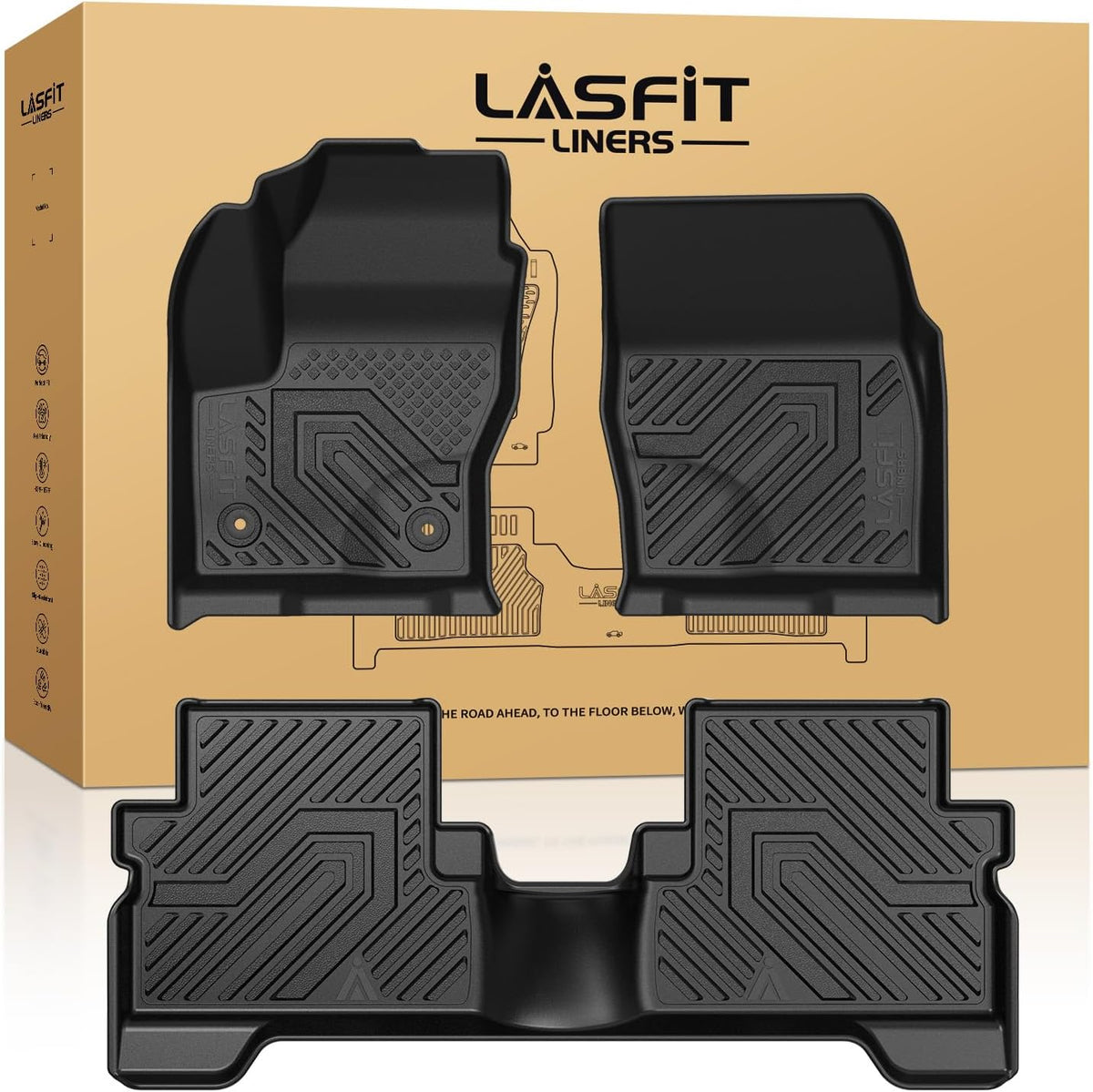 LASFIT Floor Mats for Ford F-150 2021-2026 | F150 Lightning 2022-2025 SuperCrew (Rear w/Fold Flat Storage) Carpet Floor All Weather Car Liners TPE Truck Mats - 1st and 2nd Row, 3pcs Black