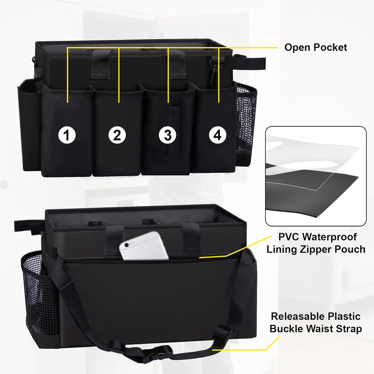 Wearable Large Cleaning Caddy Bag for Housekeeper, Clean Supply Organizer with Adjustable Shoulder, Waist & Handle Straps, Detailing Bag for Kitchen Supplies (Black)