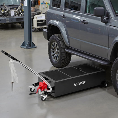 VEVOR Low Profile Oil Drain Pan, 20 Gallon Capacity, Rolling Oil Drain Pan with Manual Pump, 7.2 ft Hose & T Folding Handle, Leak-Proof & Corrosion-Resistant, Fit for Cars, SUVs, Trucks, ATVs, Red