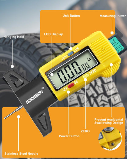 GODESON Tire Tread Depth Gauge, Digital Tire Tread Depth Gauge with 3 Modes-Fractional Inch, Decimal Inch and Millimeter, Tire Depth Gauge for Motorcycles, Cars, SUV, Easy to Read Tread Depth Gauge