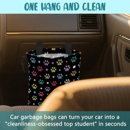 Car Garbage Bag Colorful Floral Spring Daisy Drawstring Car Trash Bag Hanging for Back Seat with Adjustable Buckle Canvas Vehicle Trash Can Easy-to-Install