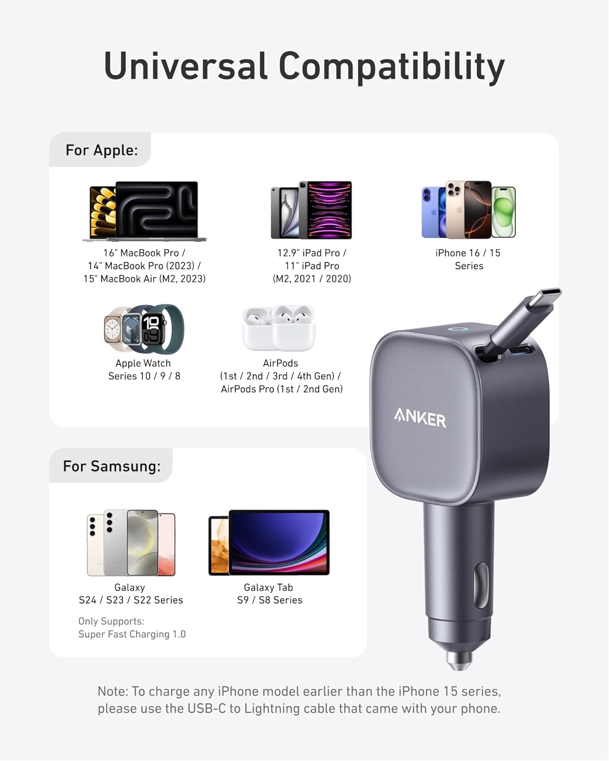 Anker Retractable USB-C Car Charger, 75W Max Fast Charging with Built-in Retractable Cable Car Adapter, Car Accessories for iPhone 17/16 Series, Galaxy S25/S24, MacBook Pro/Air, iPad, and More