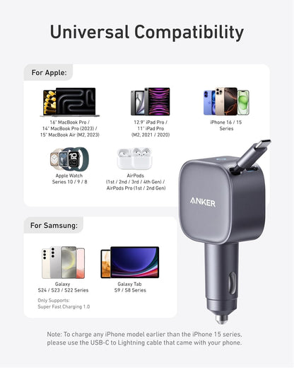 Anker Retractable USB-C Car Charger, 75W Max Fast Charging with Built-in Retractable Cable Car Adapter, Car Accessories for iPhone 17/16 Series, Galaxy S25/S24, MacBook Pro/Air, iPad, and More