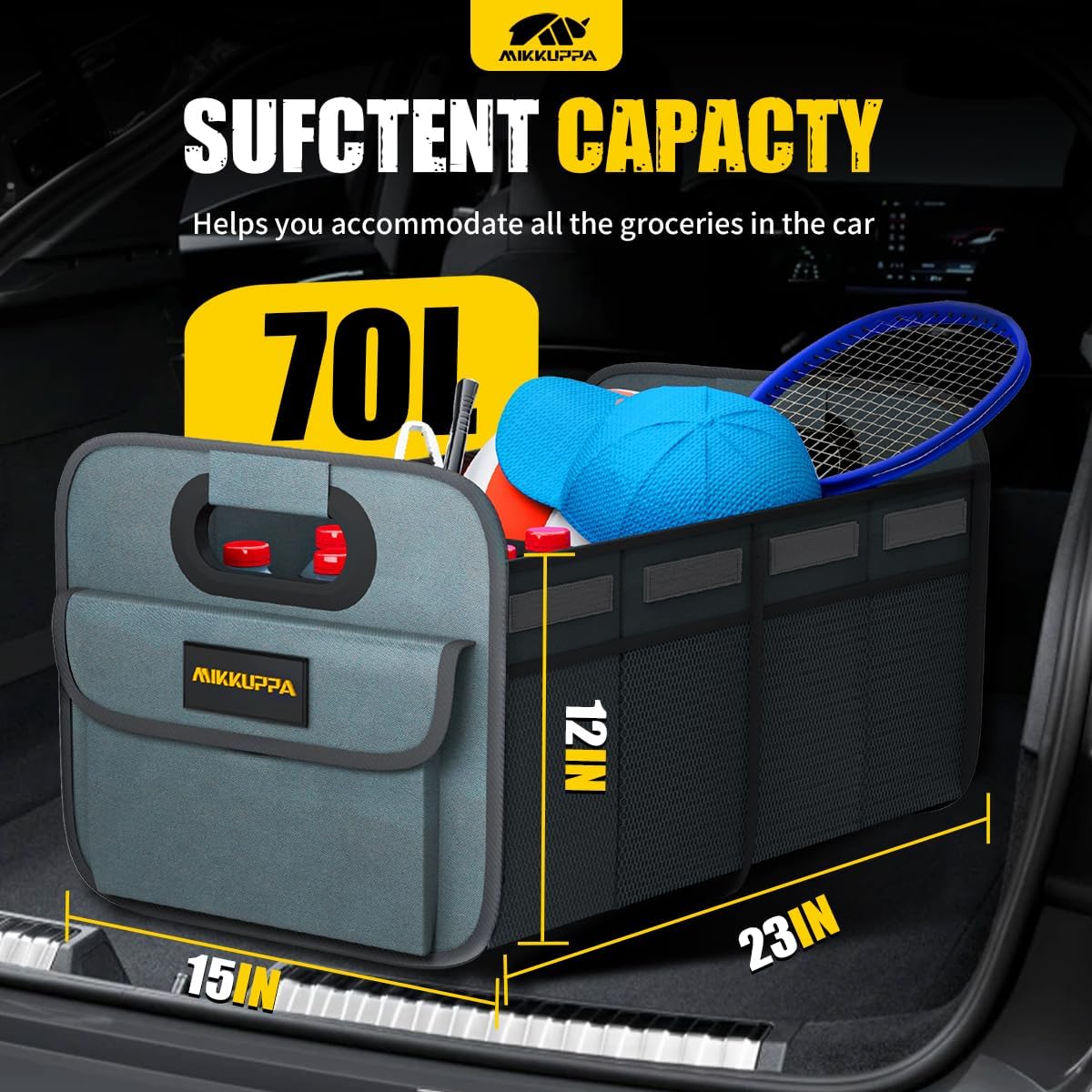 MIKKUPPA Car Trunk Organizer - 70L Collapsible Trunk Organizer for Groceries, Car Storage Organizers for SUV Auto Truck Van with Non Slip Bottom (Black)