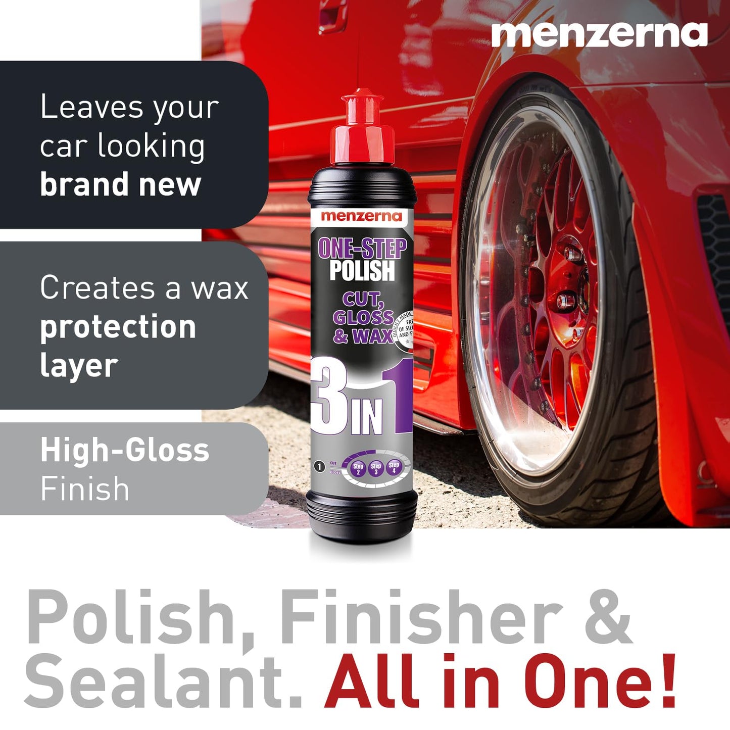 menzerna One-Step Polish 3in1 I Medium Cut Polish with High Gloss Finish & Seal in One I Buffing & Polishing Compound for Car Maintenance I Swirls, Holograms & Scratches I Car Body Repair I 8 fl oz.