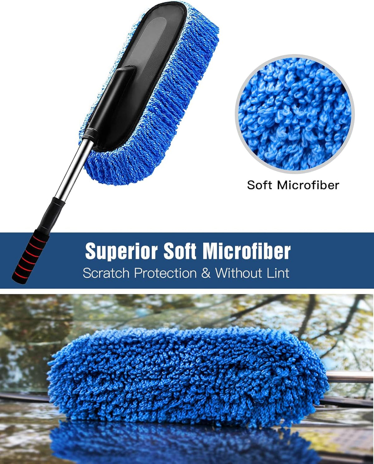 YeewayVeh Car Duster Exterior Scratch Free Microfiber Car Cleaning Brush, Extendable Handle Pollen and Dust Brush for Truck, SUV, Vehicles and Home Cleaning, Gray and Red