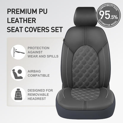 CAROMOP Luxury PU Leather Car Seat Covers Full Set-Waterproof Seat Protectors with Split Bench Seat Covers for Cars-Universal Cars Interior Covers for Sedans, SUVs, Pick-up Trucks(Gray/Gray Line)