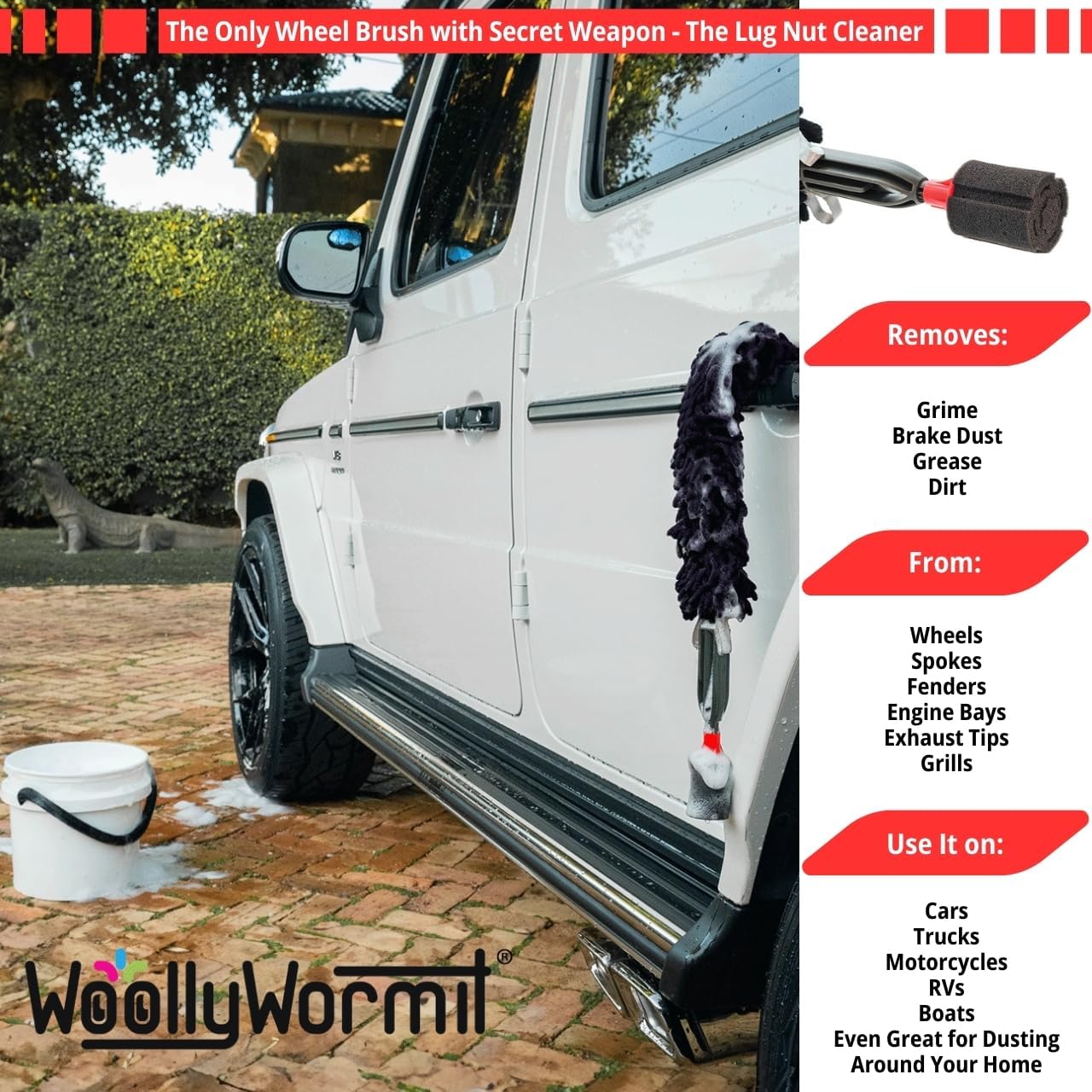 Woollywormit Wheel Cleaning Brush Car Detailing Kit - Rim Brush, Lug Nuts and Wheel Cleaner Brush Car Wash Kit -Tire Brushes for Cleaning Rims - Car Cleaning Supplies and Rim Cleaner Brush Set