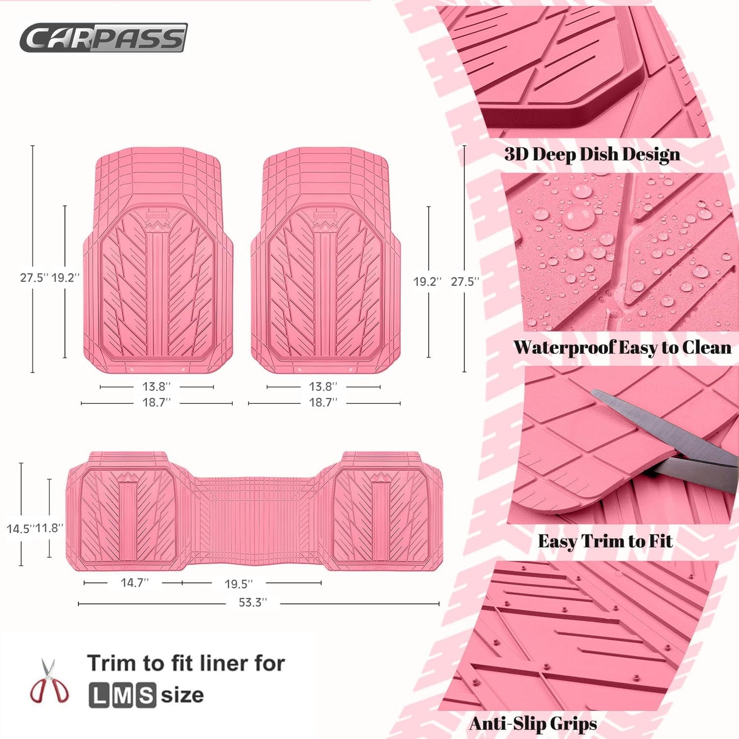 CAR PASS Heavy Rubber Car Floor Mats, Deep Waterproof Car Mats All Weather, Universal Trim-to Fit Automotive Floor Mats for Car SUV Truck Van, Durable Floor Liners Solid Black