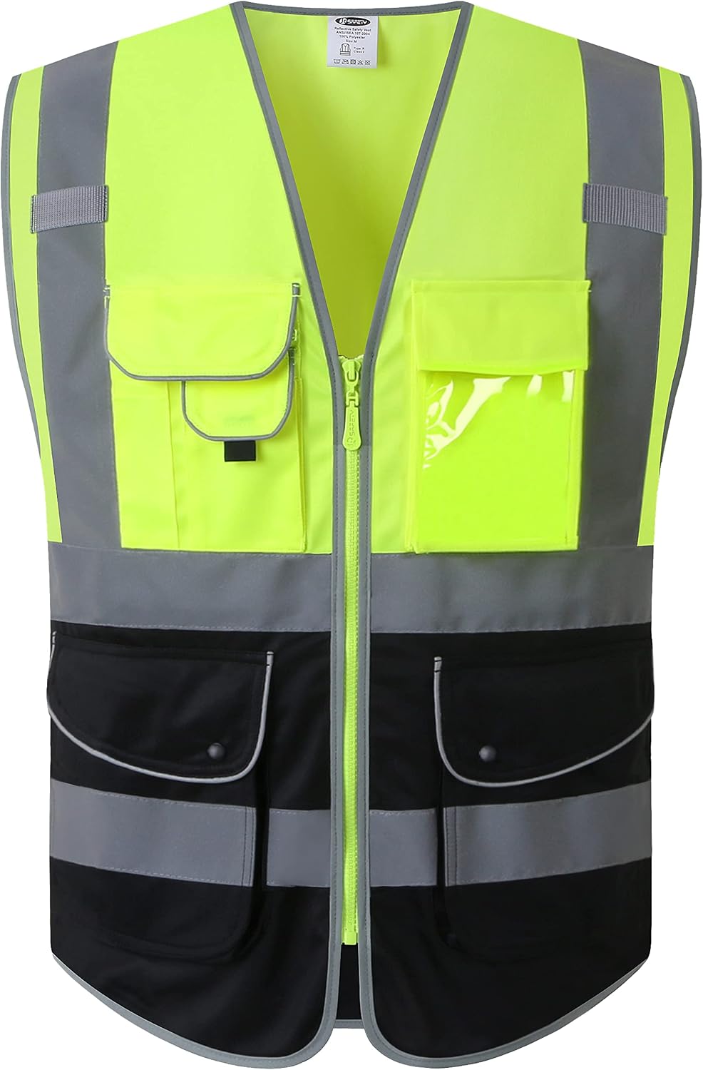 JKSafety 9 Pockets Class 2 High Visibility Zipper Front Safety Vest With Reflective Strips,Meets ANSI/ISEA Standard (Large, 150-Yellow) - Colors A