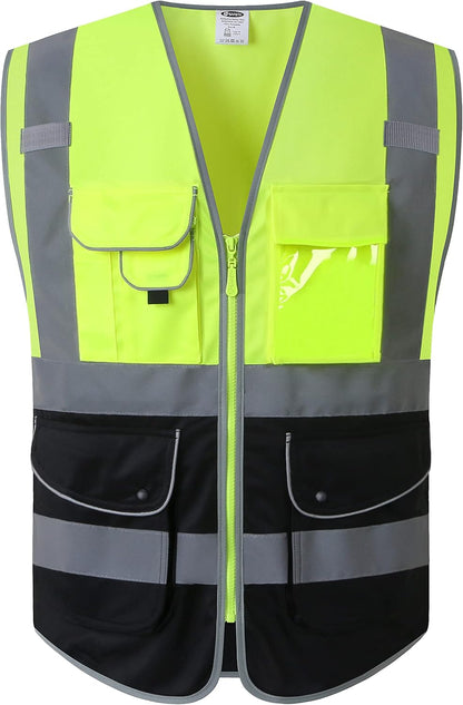 JKSafety 9 Pockets Class 2 High Visibility Zipper Front Safety Vest With Reflective Strips,Meets ANSI/ISEA Standard (Large, 150-Yellow) - Colors A