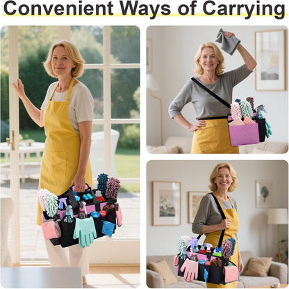 Wearable Large Cleaning Caddy Bag for Housekeeper, Clean Supply Organizer with Adjustable Shoulder, Waist & Handle Straps, Detailing Bag for Kitchen Supplies (Black)