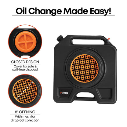 Groz 15 Quart Oil Drain Pan with Wheels & O-Ring Seal - 8" Wide Opening, Catch Basket, Leak-Proof Spout for Trucks, Cars, Fleet Maintenance (41966)