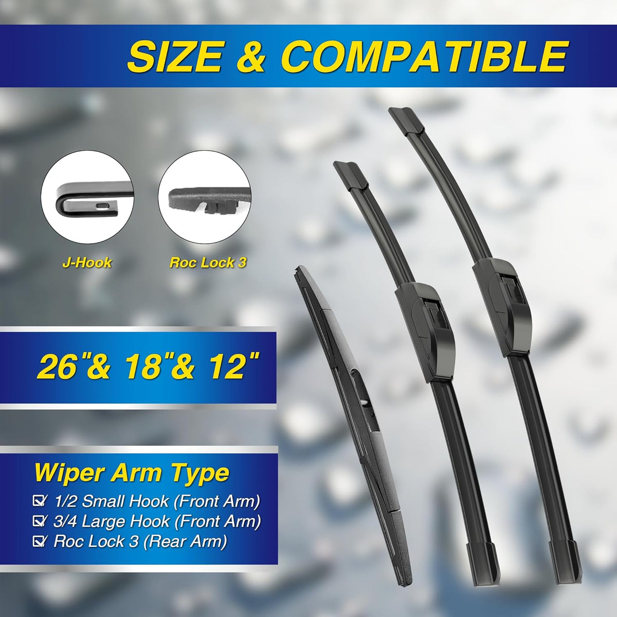 5 PLUS® Silicone Windshield Wipers Replacement for 2019-2024 Toyota RAV4/ 2006-2015 Mazda 5 Wiper Blades(Set of 3), Windshield Wiper Blades For My Car-26"/16"/12" - Colors B