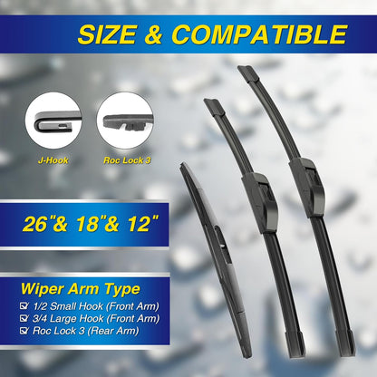 5 PLUS® Silicone Windshield Wipers Replacement for 2019-2024 Toyota RAV4/ 2006-2015 Mazda 5 Wiper Blades(Set of 3), Windshield Wiper Blades For My Car-26"/16"/12" - Colors B