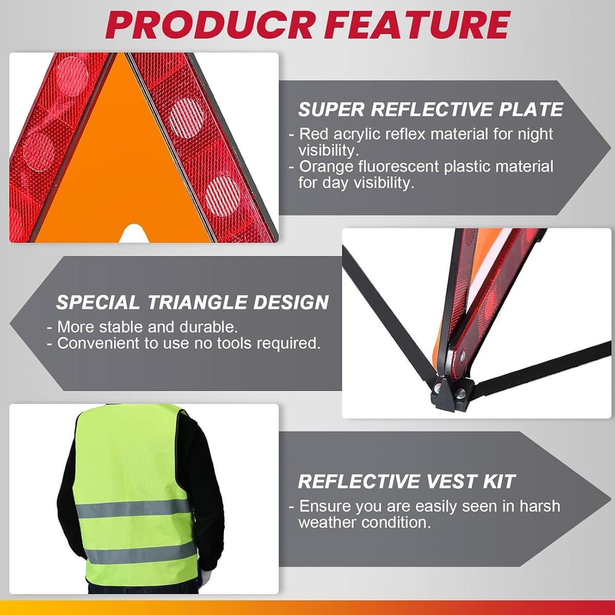 DASBET 2 Pack Emergency Warning Triangles with 1 Pack Reflective Vest, Reflective Roadside Safety Triangles with Storage Case, Foldable Warning Triangle for Vehicles Breakdown