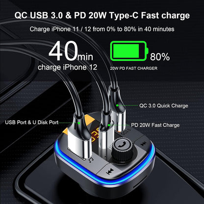 Bluetooth FM Transmitter for Car - BAISHUN Bluetooth 5.0 Adapter PD20W+QC3.0 Cigarette Lighter Radio Receiver Music Player Car Charger Supports Hands-Free Call Siri Google Assistant