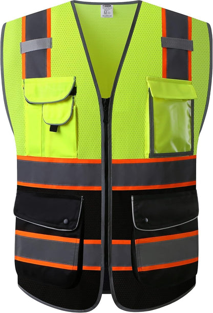 JKSafety 9 Pockets Class 2 High Visibility Zipper Front Safety Vest With Reflective Strips,Meets ANSI/ISEA Standard (Large, 150-Yellow) - Colors B